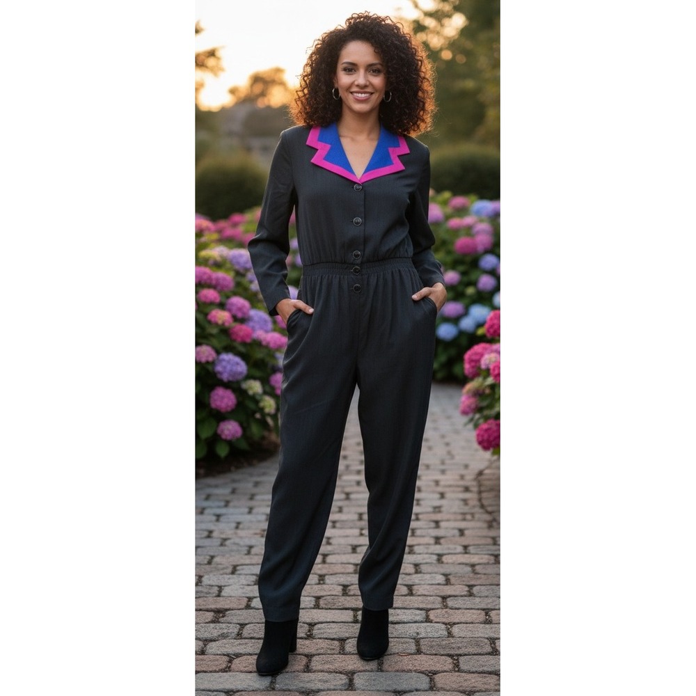 Susan Graver Black Jumpsuit Retro Collared Women's‎ Size M 10/12 Made in USA Y2K